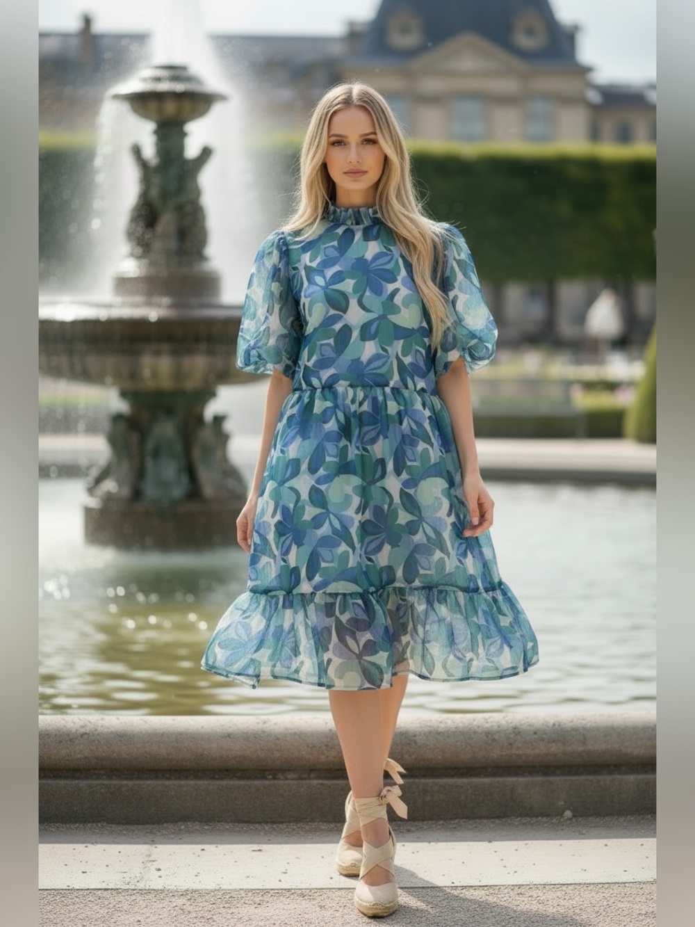 223 • Peach Love Blue Floral Puff-Sleeve Midi Dress